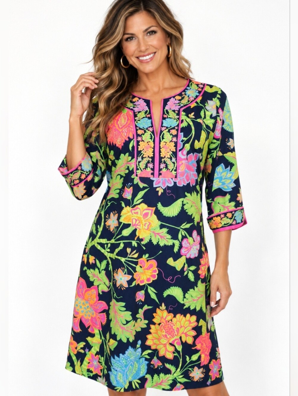 Gretchen Scott Everywhere Dress Smal Navy Floral Resort Chic Stretch 3/4 Sleeve